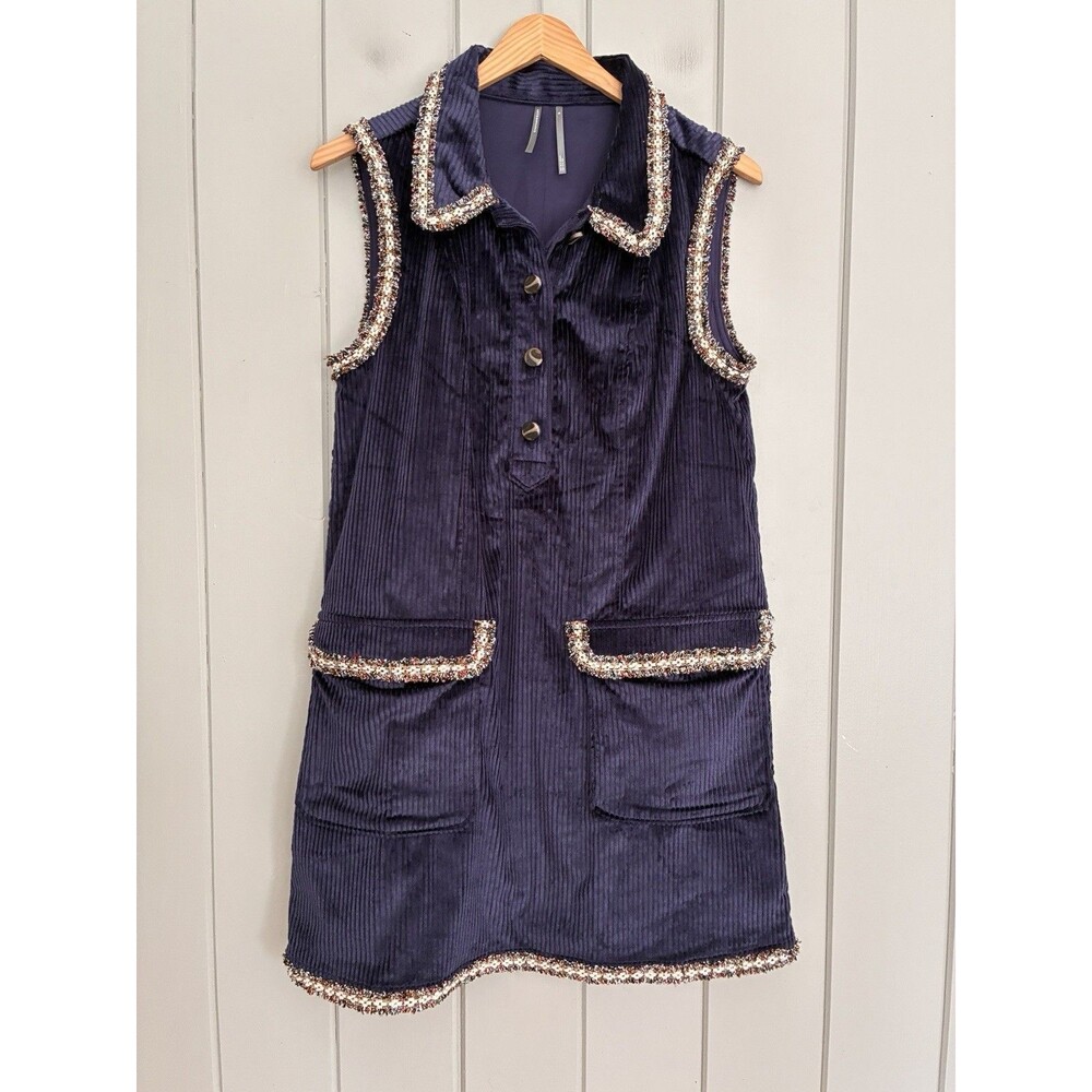 By Anthropologie Dress M Medium Collared Corduroy Mini Blue Sleeveless Tweed